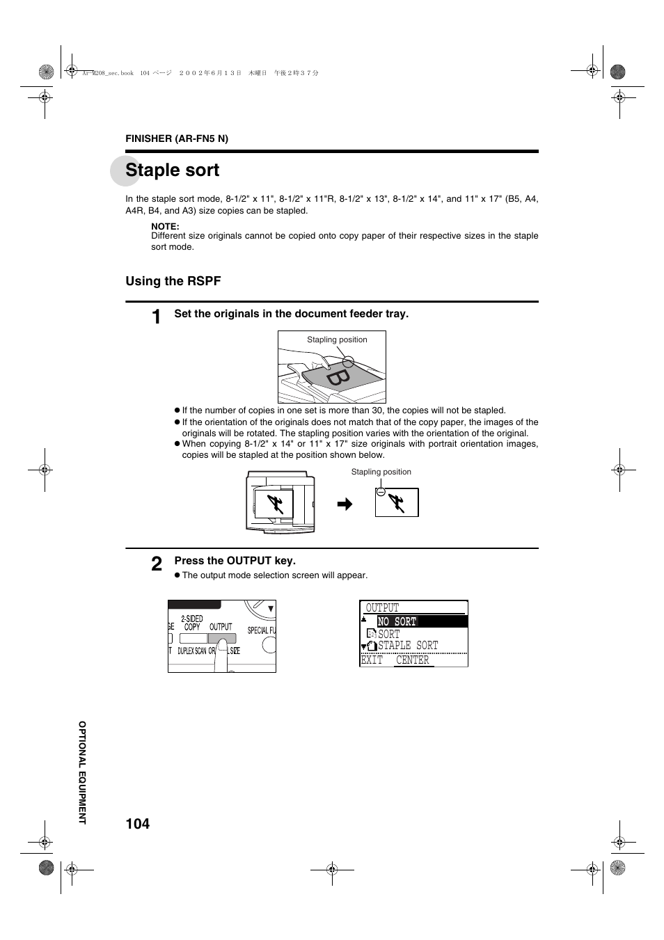Staple sort, Output no sort sort staple sort exit center, Center | Sharp T FOUND AR-M208 User Manual | Page 106 / 128