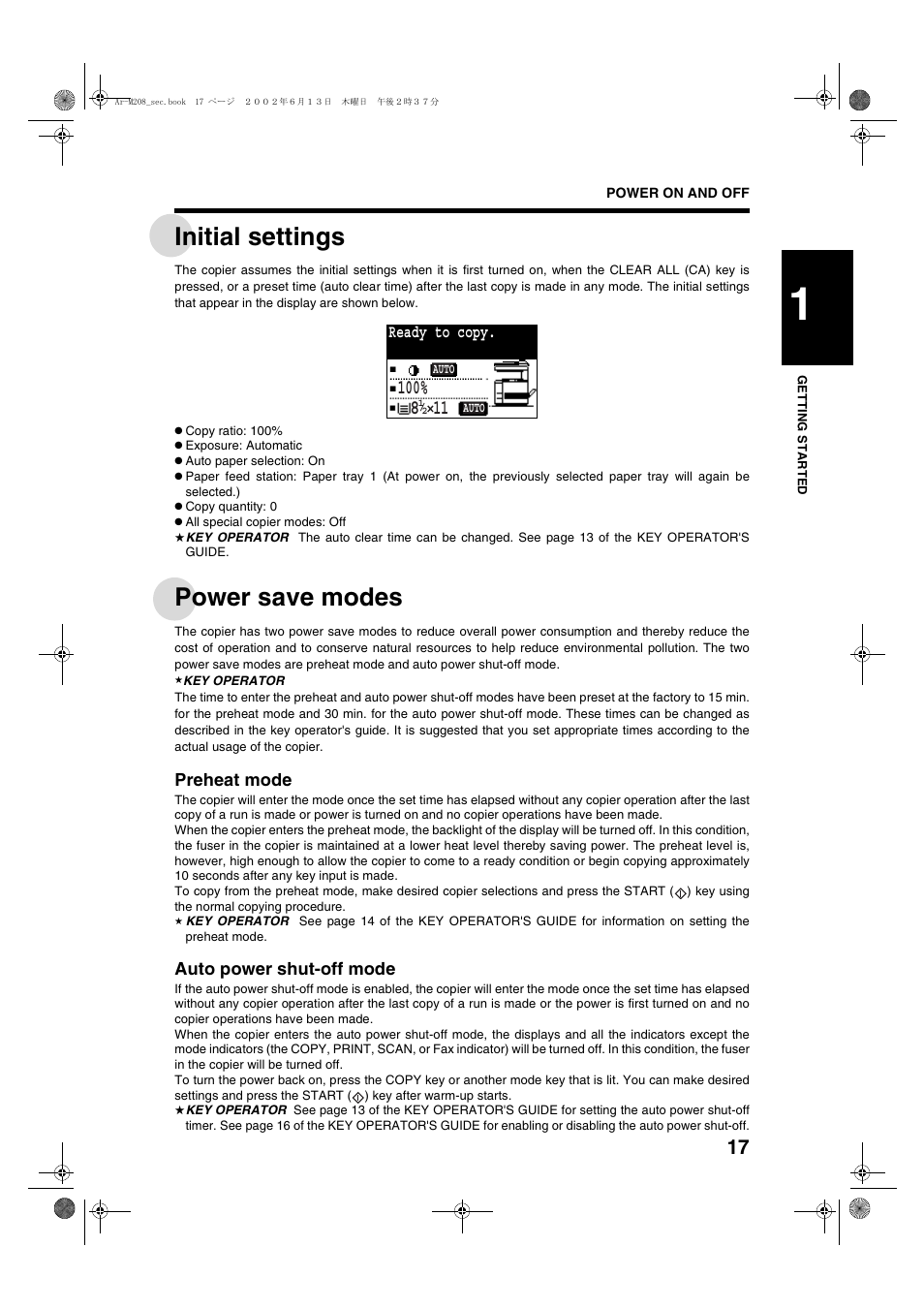 Initial settings, Power save modes, Preheat mode | Auto power shut-off mode, Ready to copy | Sharp T FOUND AR-M208 User Manual | Page 19 / 128