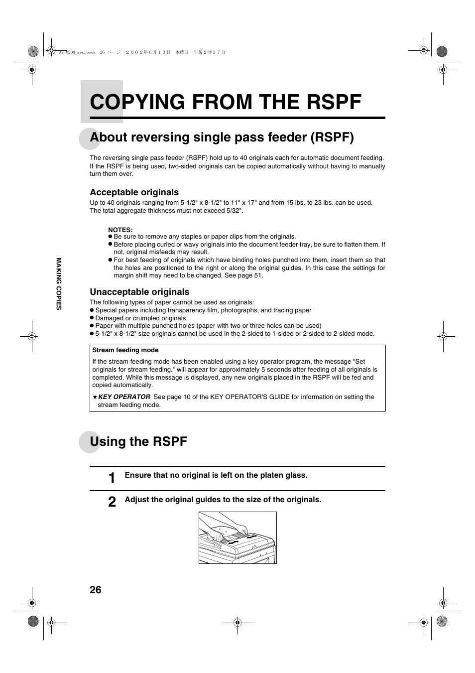 Copying from the rspf, About reversing single pass feeder (rspf), Using the rspf | Sharp T FOUND AR-M208 User Manual | Page 28 / 128