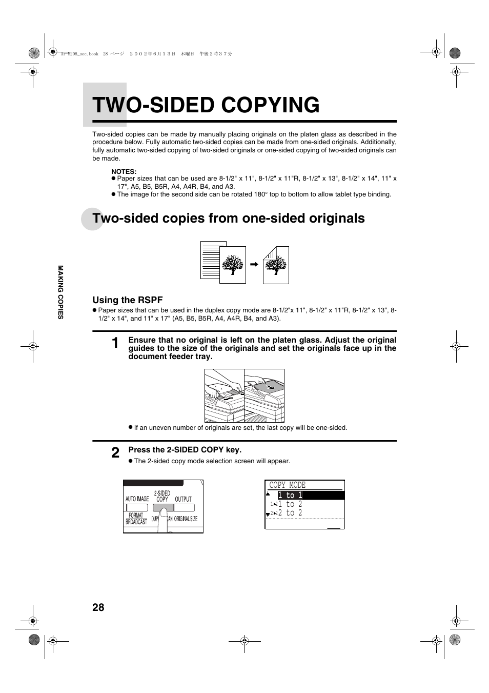 Two-sided copying, Two-sided copies from one-sided originals | Sharp T FOUND AR-M208 User Manual | Page 30 / 128