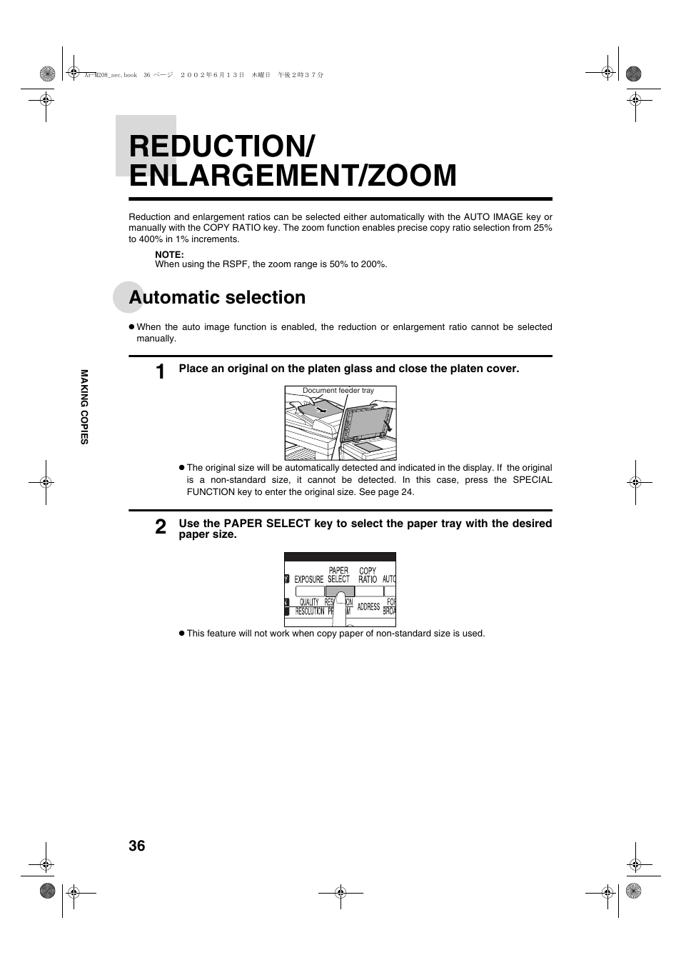 Reduction/ enlargement/zoom, Automatic selection | Sharp T FOUND AR-M208 User Manual | Page 38 / 128