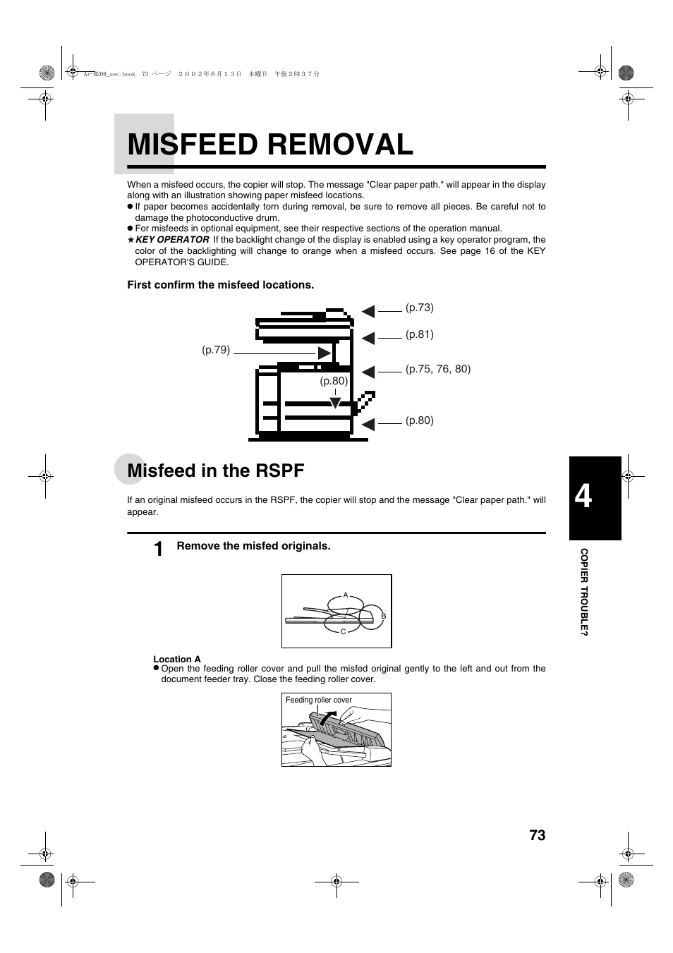Misfeed removal, Misfeed in the rspf | Sharp T FOUND AR-M208 User Manual | Page 75 / 128