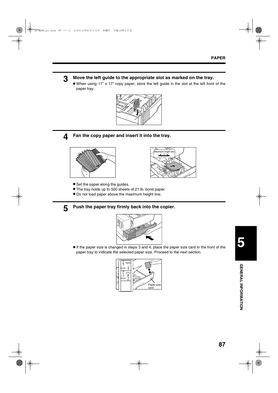 Fan the copy paper and insert it into the tray, Push the paper tray firmly back into the copier, Paper | Sharp T FOUND AR-M208 User Manual | Page 89 / 128