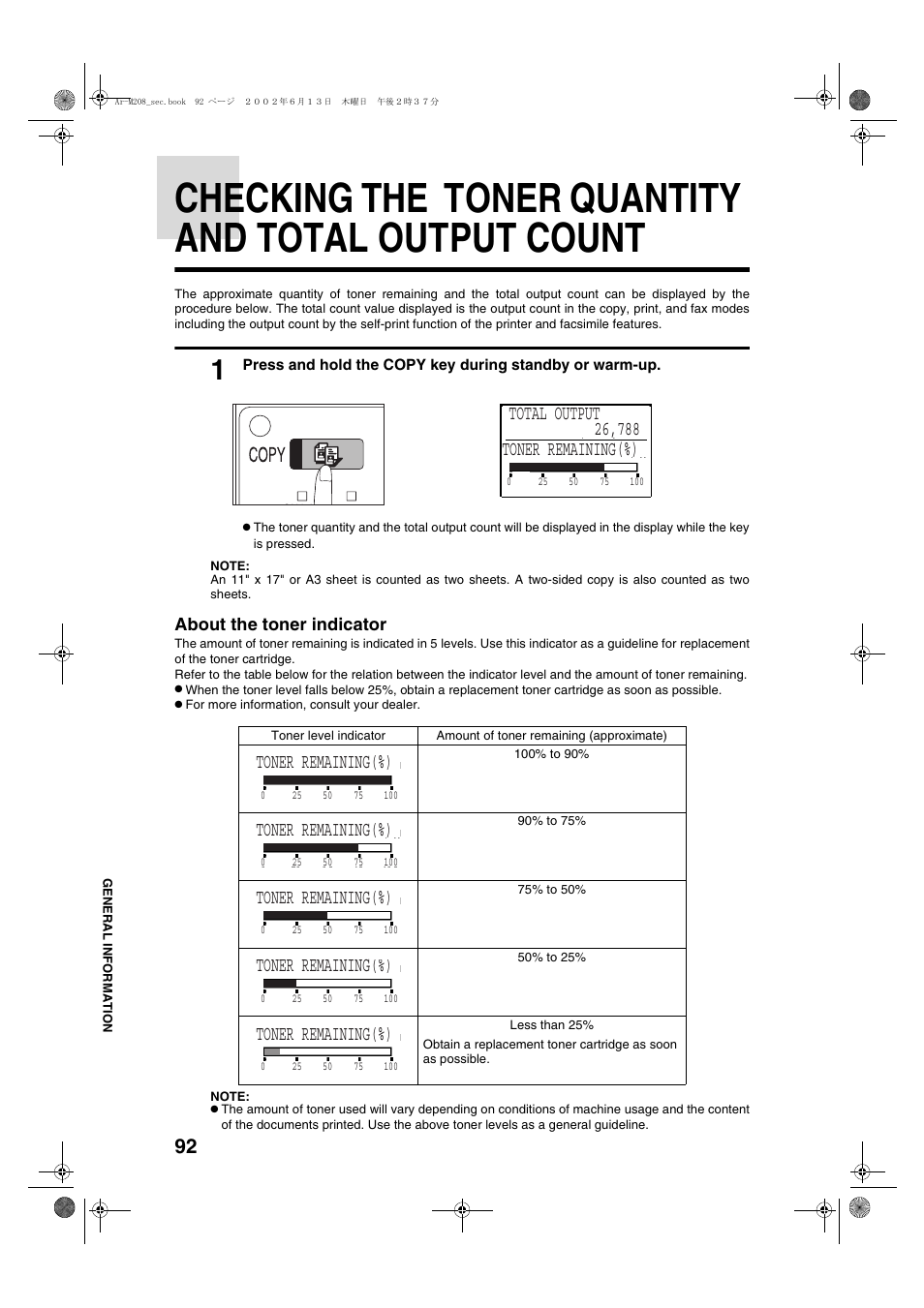 Checking the toner quantity and total output count, Toner remaining(%), About the toner indicator | Sharp T FOUND AR-M208 User Manual | Page 94 / 128