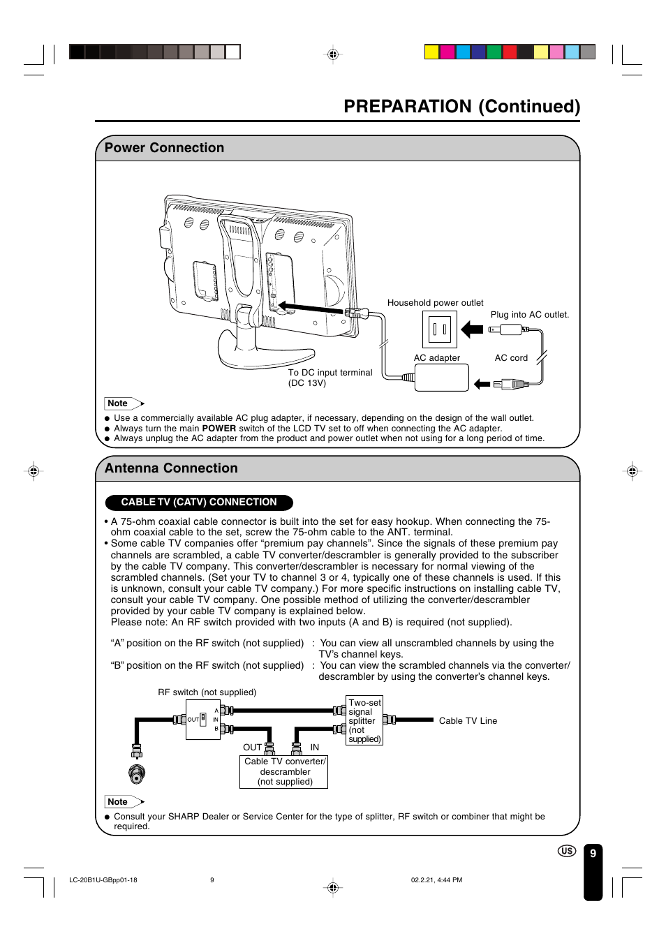 Preparation (continued), Power connection, Antenna connection | Sharp Aquos LC 20B1U User Manual | Page 10 / 59