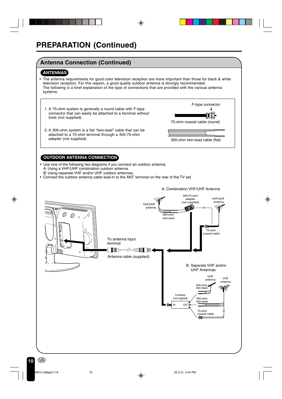 Preparation (continued), Antenna connection (continued) | Sharp Aquos LC 20B1U User Manual | Page 11 / 59