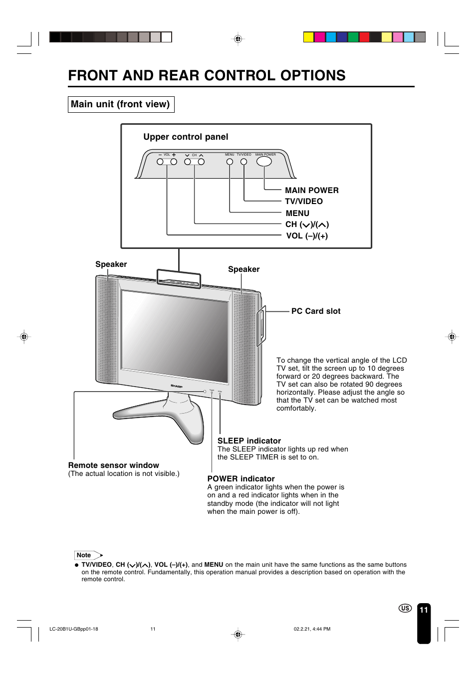 Front and rear control options, Main unit (front view), Upper control panel | Sharp Aquos LC 20B1U User Manual | Page 12 / 59