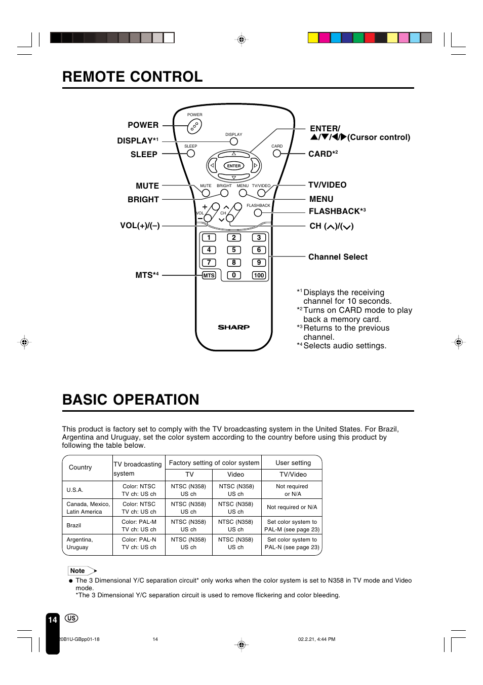 Remote control basic operation, Menu tv/video power display, Sleep mute vol(+)/(–) mts | Bright flashback, Ch ( )/( ) channel select, Displays the receiving channel for 10 seconds, Returns to the previous channel, Selects audio settings, Card, Enter/ ] / [ / < / > (cursor control) | Sharp Aquos LC 20B1U User Manual | Page 15 / 59
