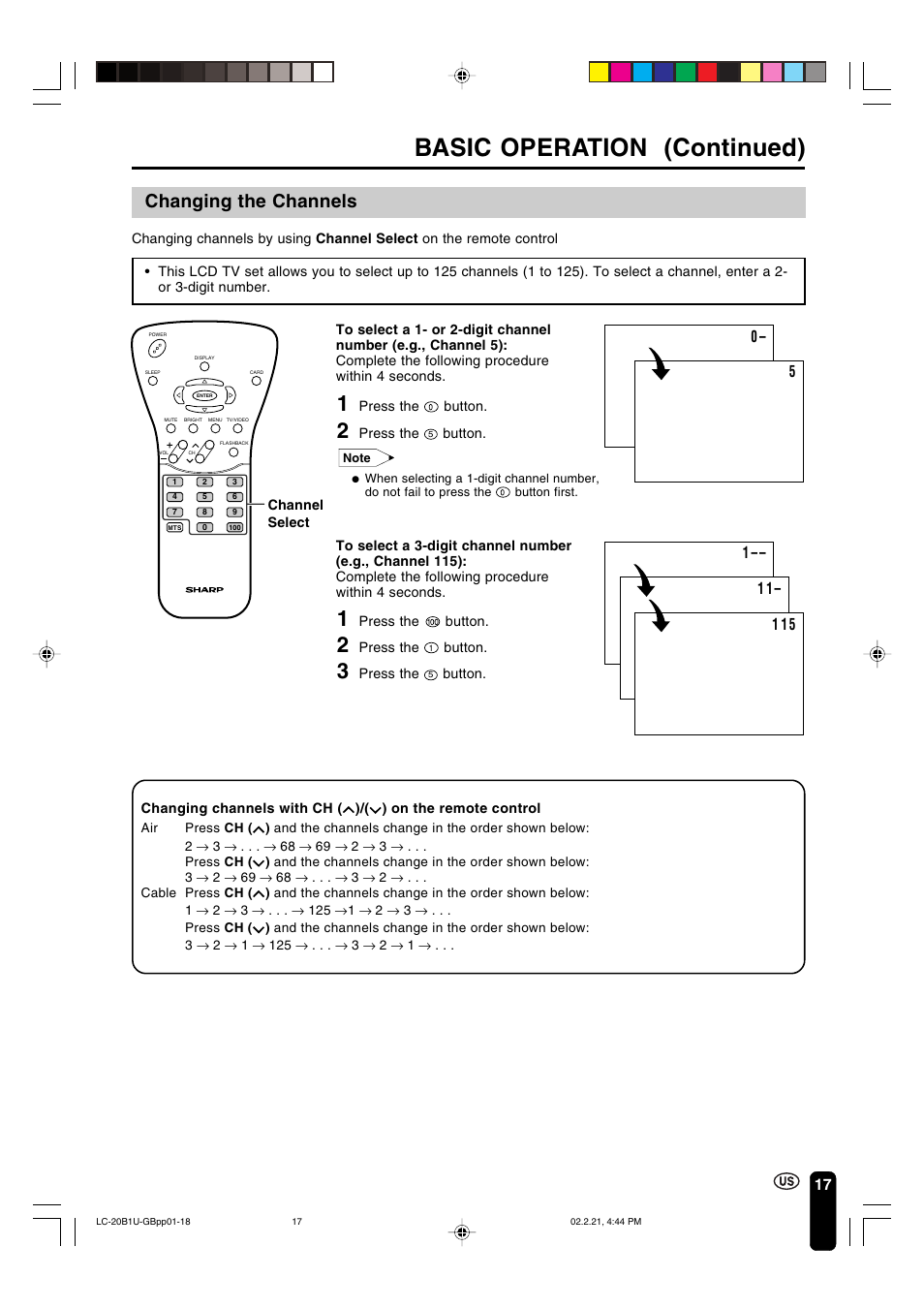 Basic operation (continued), Changing the channels | Sharp Aquos LC 20B1U User Manual | Page 18 / 59