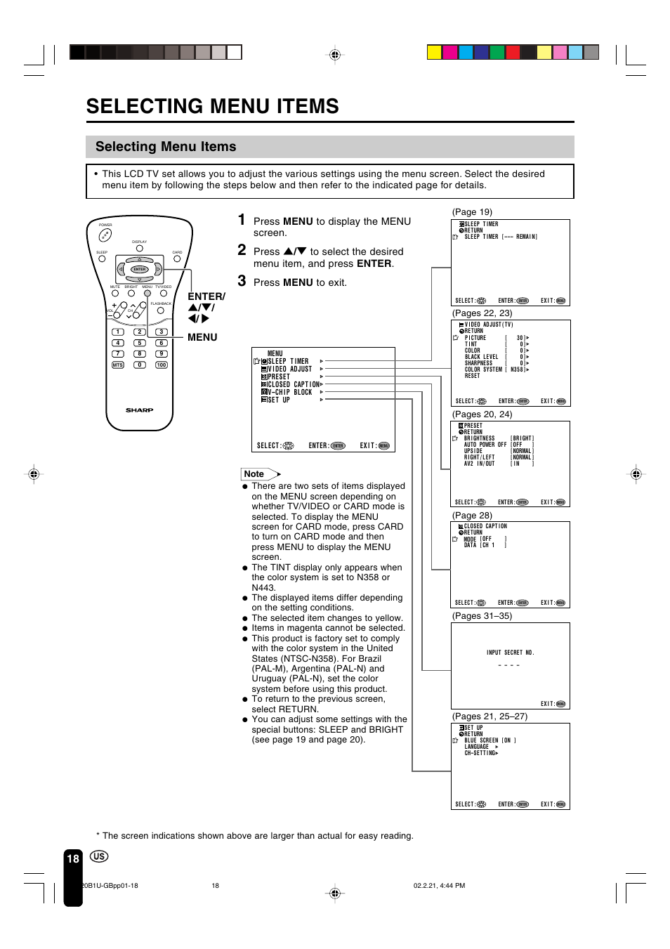 Selecting menu items, Press menu to display the menu screen, Press menu to exit | Enter/ ] / [ / < / > menu | Sharp Aquos LC 20B1U User Manual | Page 19 / 59