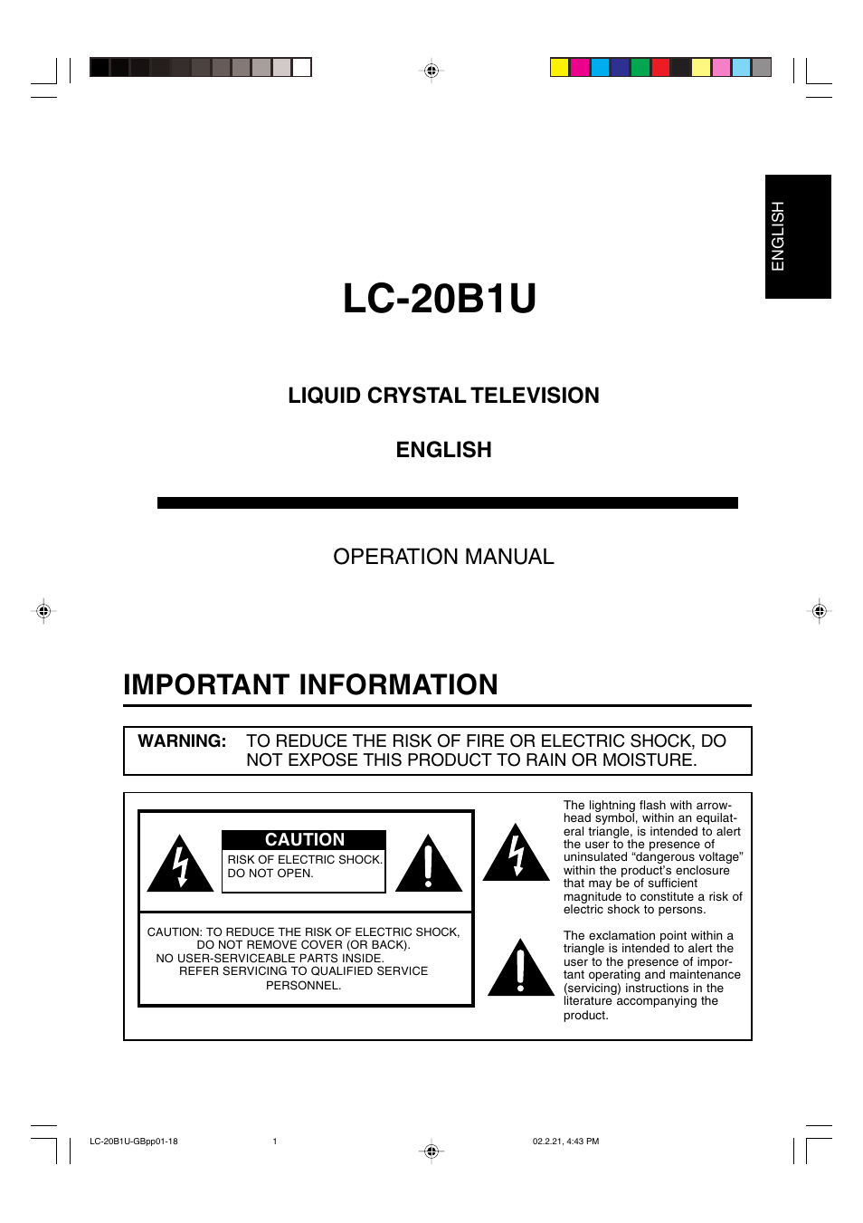 Lc-20b1u, Important information, Liquid crystal television operation manual english | Sharp Aquos LC 20B1U User Manual | Page 2 / 59