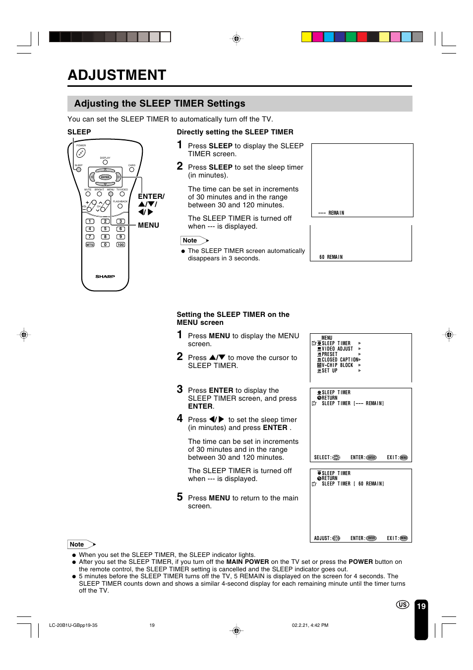 Adjustment, Adjusting the sleep timer settings | Sharp Aquos LC 20B1U User Manual | Page 20 / 59