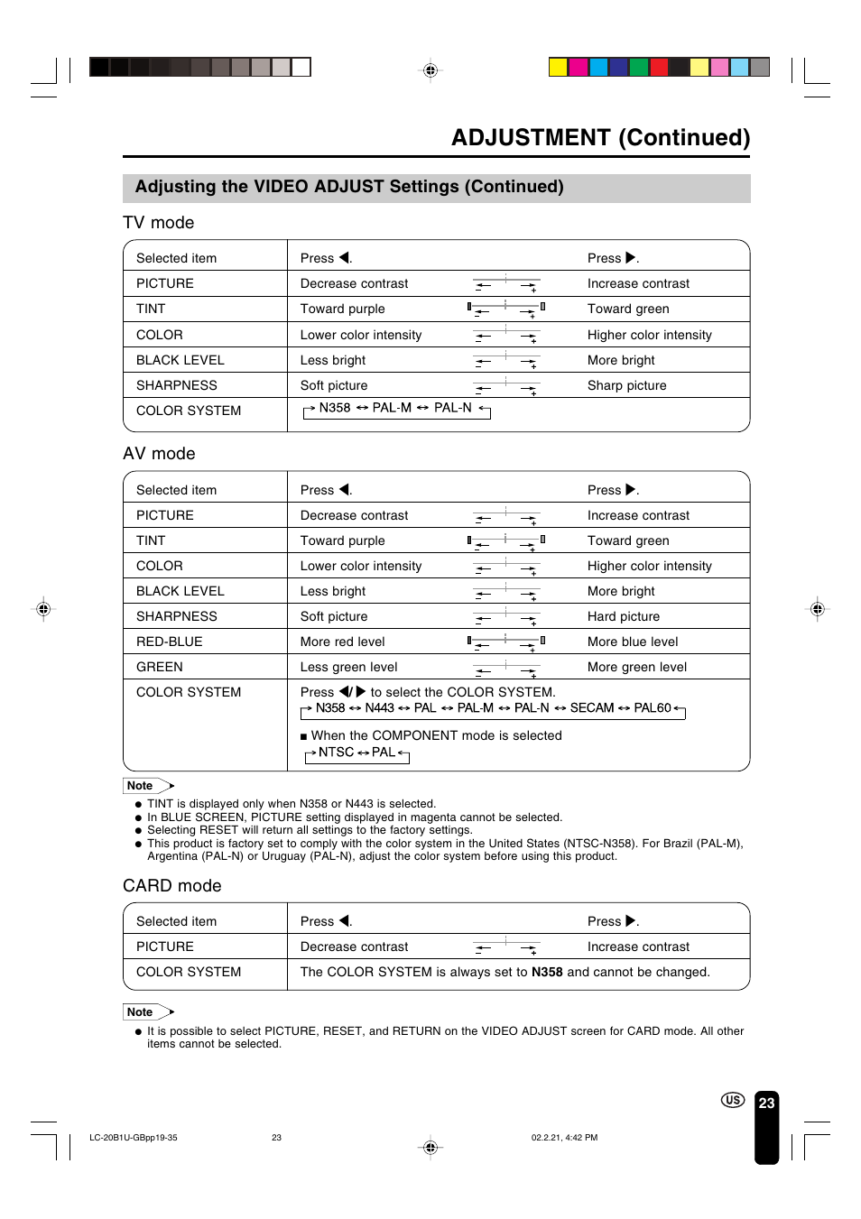 Adjustment (continued), Card mode | Sharp Aquos LC 20B1U User Manual | Page 24 / 59