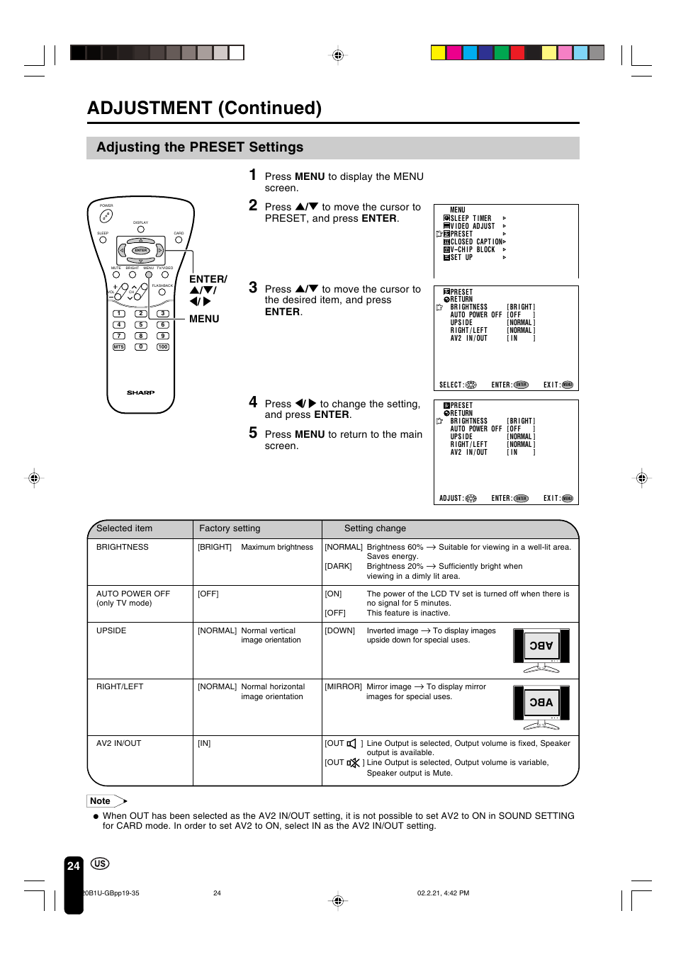 Adjustment (continued), Adjusting the preset settings | Sharp Aquos LC 20B1U User Manual | Page 25 / 59
