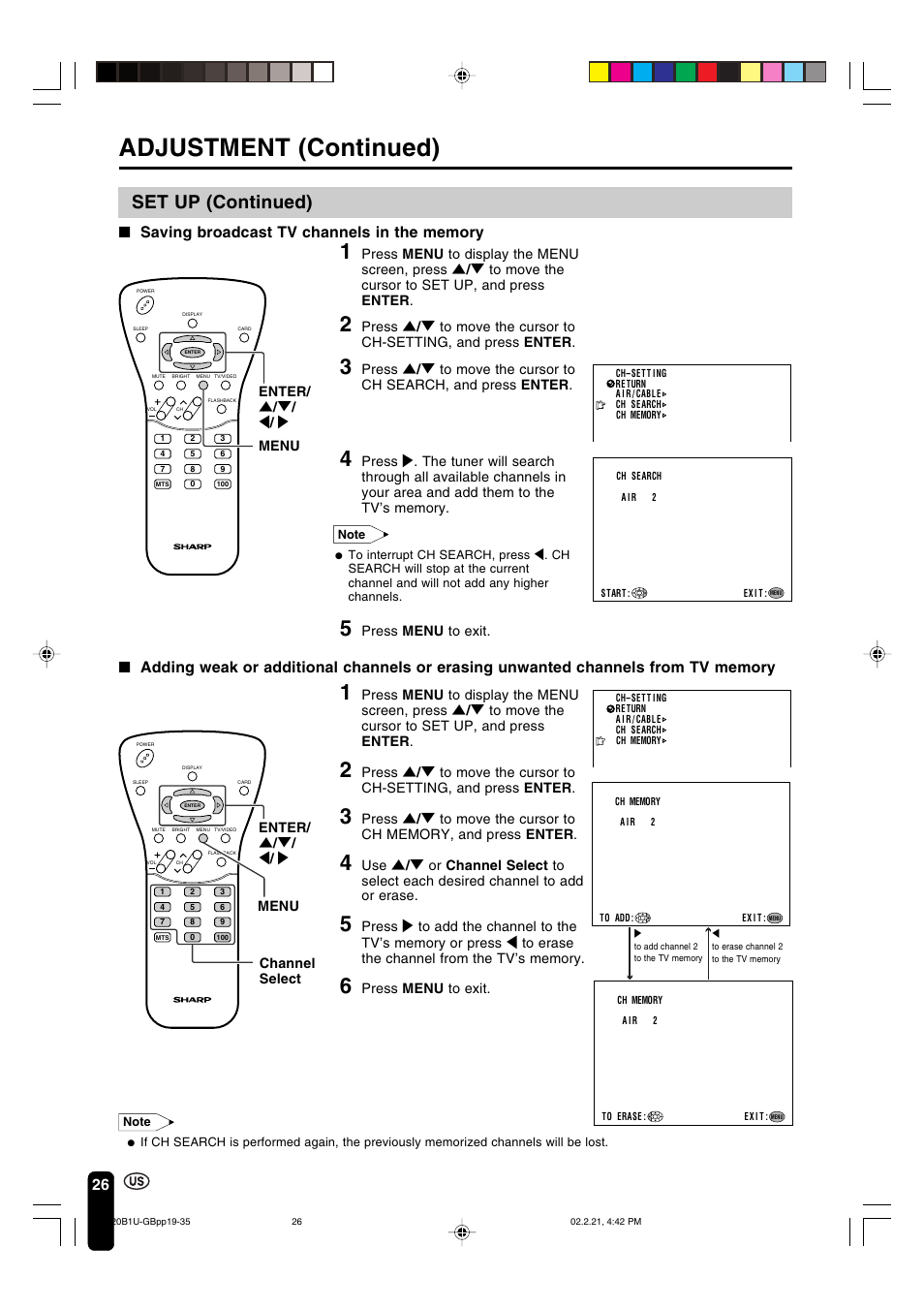 Adjustment (continued), Set up (continued), Press menu to exit | Enter/ ] / [ / < / > channel select, Enter/ ] / [ / < / > menu menu | Sharp Aquos LC 20B1U User Manual | Page 27 / 59