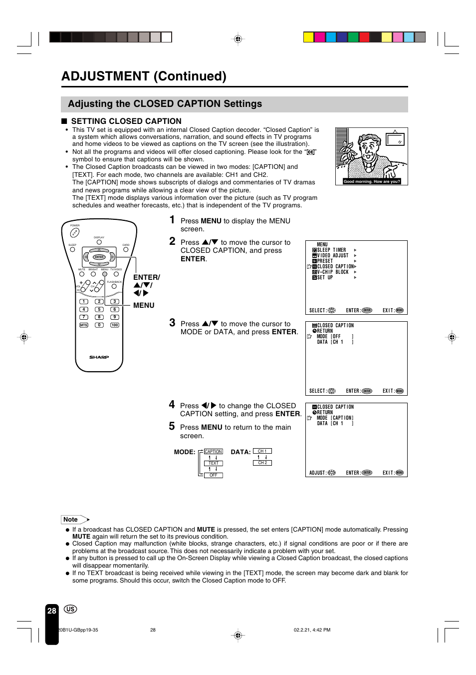 Adjustment (continued), Adjusting the closed caption settings, Setting closed caption | Press menu to display the menu screen, Press menu to return to the main screen, Enter/ ] / [ / < / > menu | Sharp Aquos LC 20B1U User Manual | Page 29 / 59