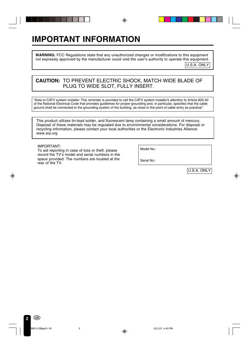 Important information | Sharp Aquos LC 20B1U User Manual | Page 3 / 59