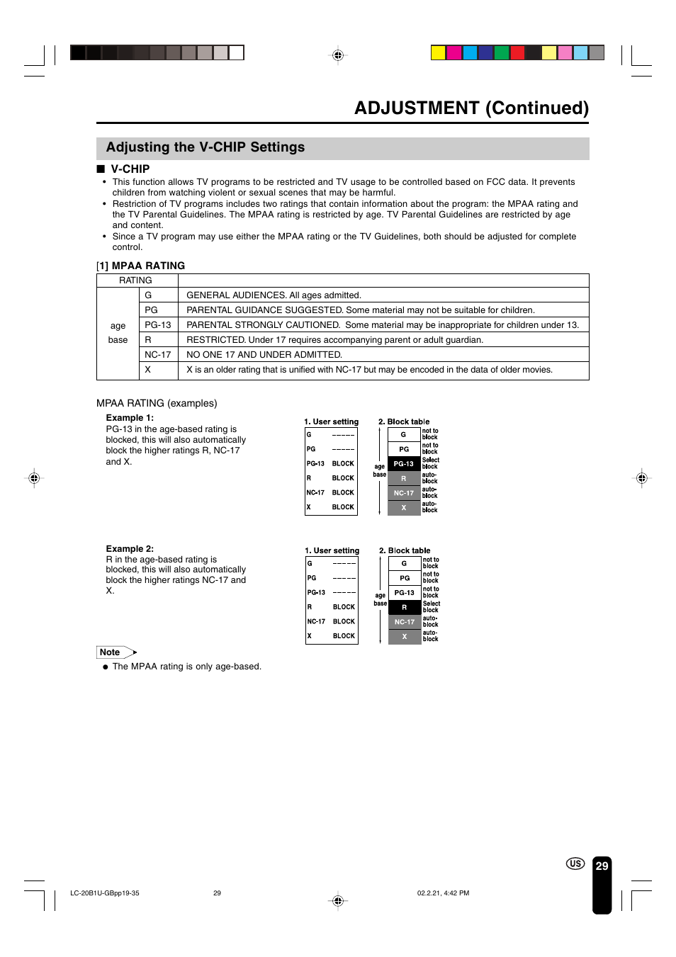 Adjustment (continued), Adjusting the v-chip settings, V-chip | Sharp Aquos LC 20B1U User Manual | Page 30 / 59