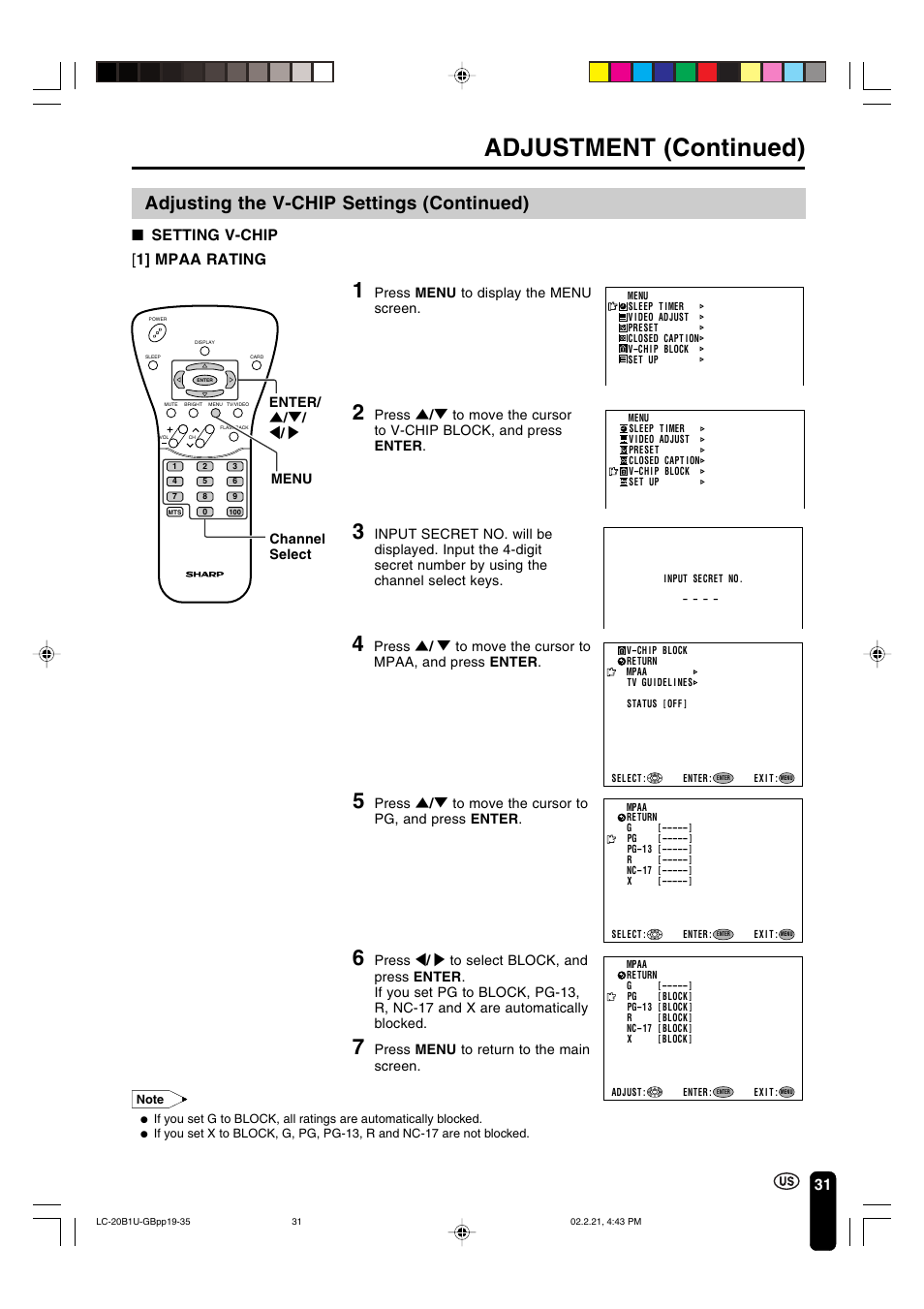 Adjustment (continued), Adjusting the v-chip settings (continued), 31 [ 1] mpaa rating ■ setting v-chip | Press menu to return to the main screen, Press menu to display the menu screen, Enter/ ] / [ / < / > channel select, Menu | Sharp Aquos LC 20B1U User Manual | Page 32 / 59