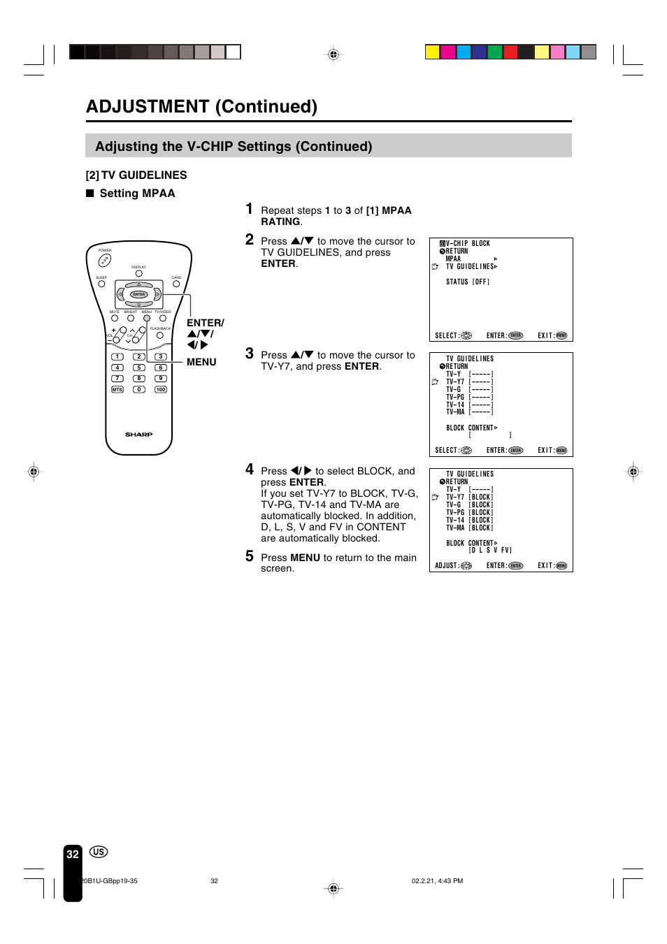 Adjustment (continued), Parent control (v-chip operation continued), Adjusting the v-chip settings (continued) | 32 [2] tv guidelines, Setting mpaa, Repeat steps 1 to 3 of [1] mpaa rating, Press menu to return to the main screen, Enter/ ] / [ / < / > menu | Sharp Aquos LC 20B1U User Manual | Page 33 / 59