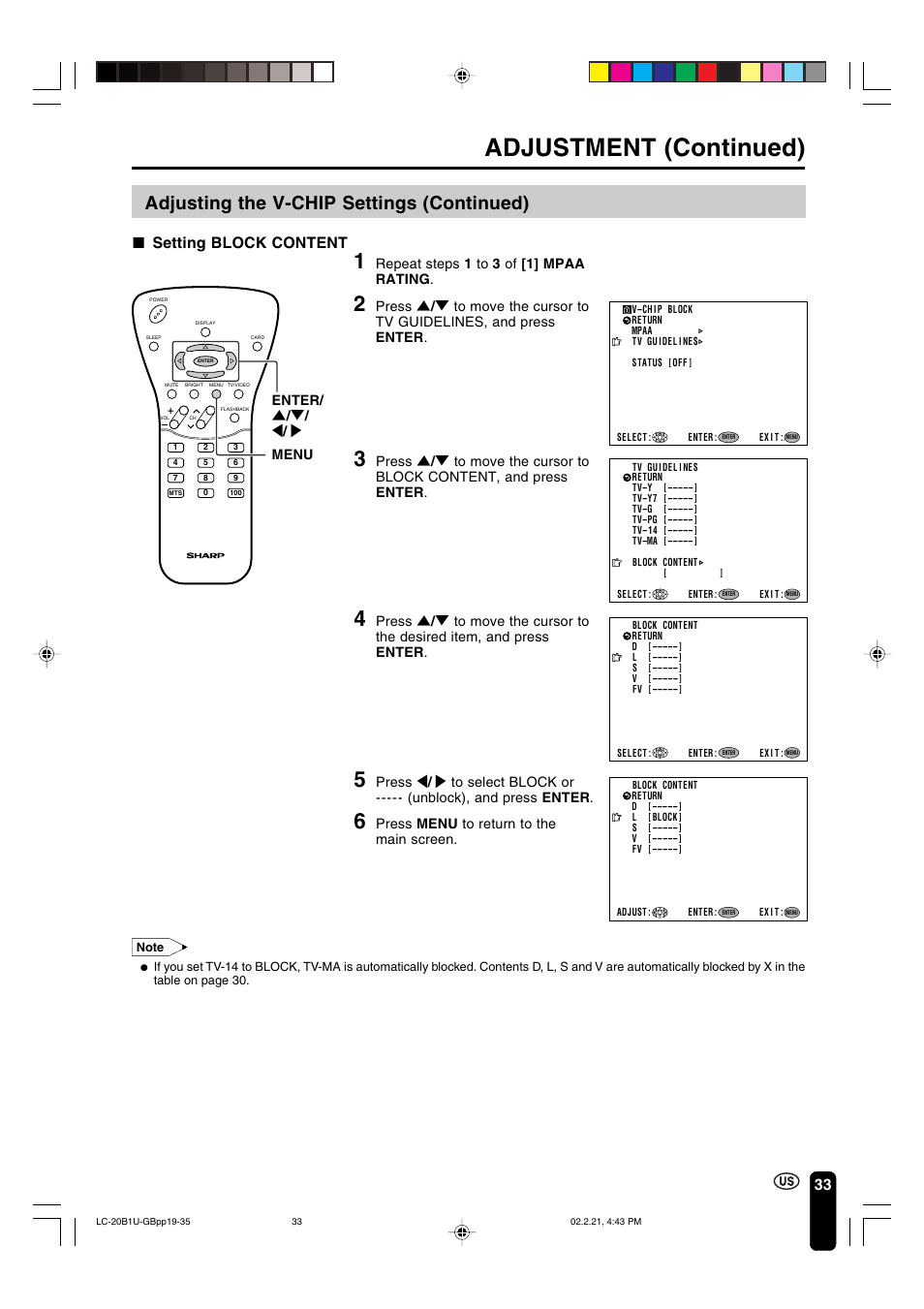 Adjustment (continued), Parent control (v-chip operation continued), Adjusting the v-chip settings (continued) | Setting block content, Press menu to return to the main screen, Enter/ ] / [ / < / > menu, Repeat steps 1 to 3 of [1] mpaa rating | Sharp Aquos LC 20B1U User Manual | Page 34 / 59