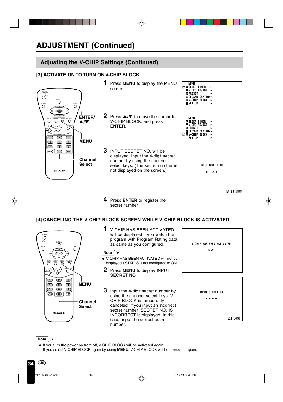 Adjustment (continued), Adjusting the v-chip settings (continued), 34 [3] activate on to turn on v-chip block | Press menu to display the menu screen, Press menu to display input secret no, Enter/ ] / [ channel select, Press enter to register the secret number, Menu channel select menu | Sharp Aquos LC 20B1U User Manual | Page 35 / 59