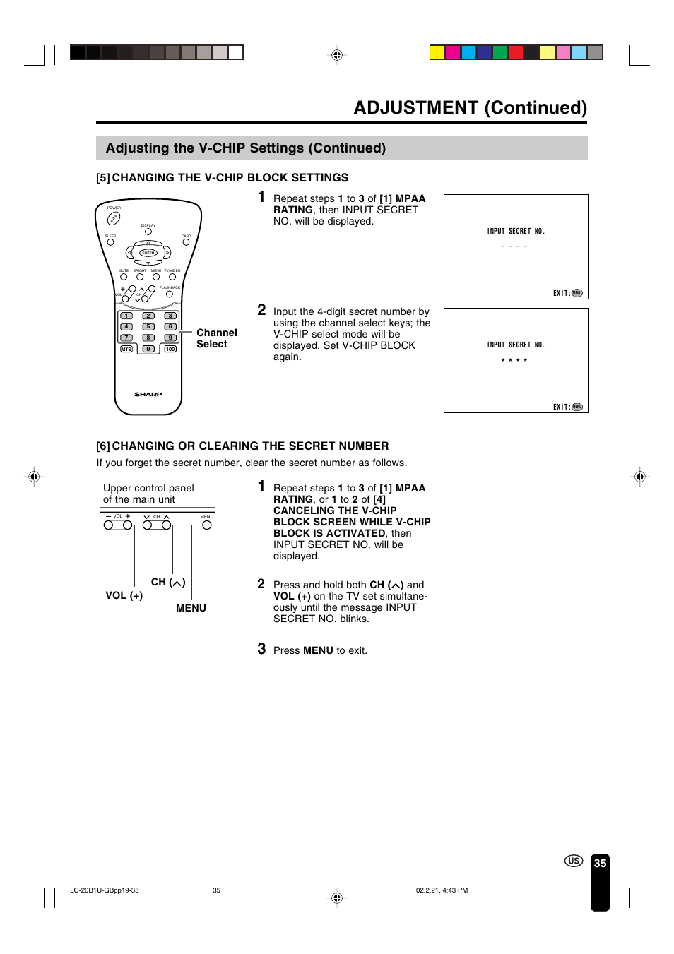 Adjustment (continued), Adjusting the v-chip settings (continued), 35 [5] changing the v-chip block settings | 6] changing or clearing the secret number, Press menu to exit | Sharp Aquos LC 20B1U User Manual | Page 36 / 59