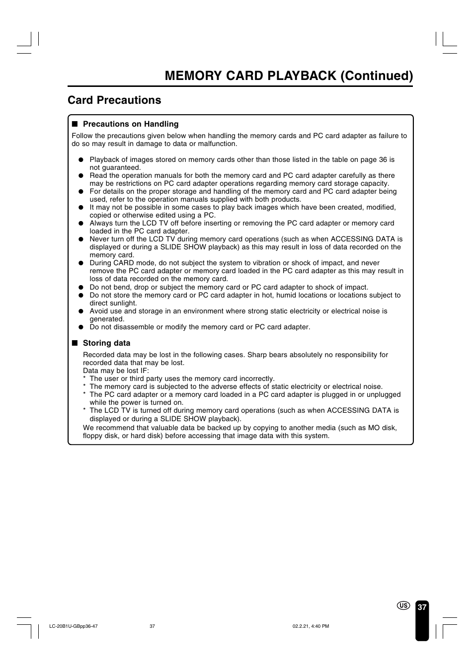 Card precautions | Sharp Aquos LC 20B1U User Manual | Page 38 / 59