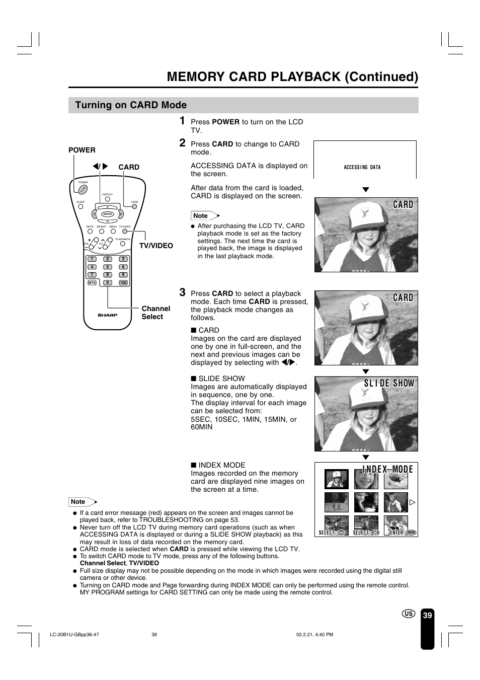 C a rd, Turning on card mode, S l i de show | I nd e x mode | Sharp Aquos LC 20B1U User Manual | Page 40 / 59