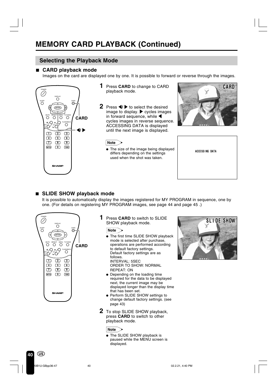 C a rd, Selecting the playback mode, Card playback mode | Slide show playback mode, Press card to change to card playback mode, Press card to switch to slide show playback mode, Card | Sharp Aquos LC 20B1U User Manual | Page 41 / 59