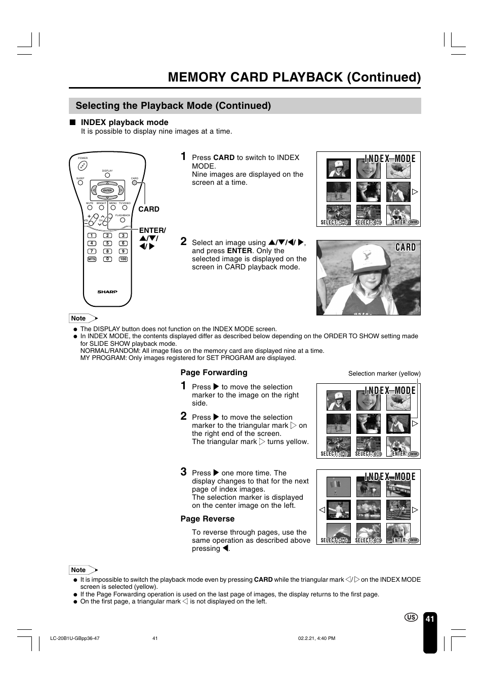 I nd e x mode, I nd e x mode c a rd c a rd, Selecting the playback mode (continued) | Index playback mode, Page forwarding, Page reverse | Sharp Aquos LC 20B1U User Manual | Page 42 / 59