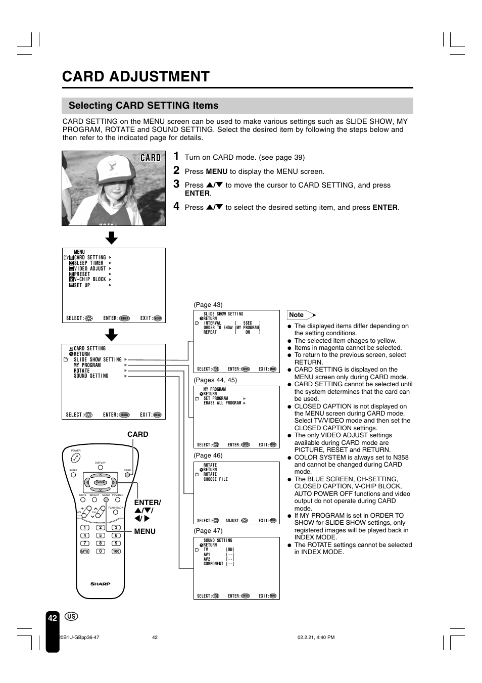 Card adjustment, Selecting card setting items, C a rd | Turn on card mode. (see page 39), Press menu to display the menu screen, Enter/ ] / [ / < / > card menu | Sharp Aquos LC 20B1U User Manual | Page 43 / 59