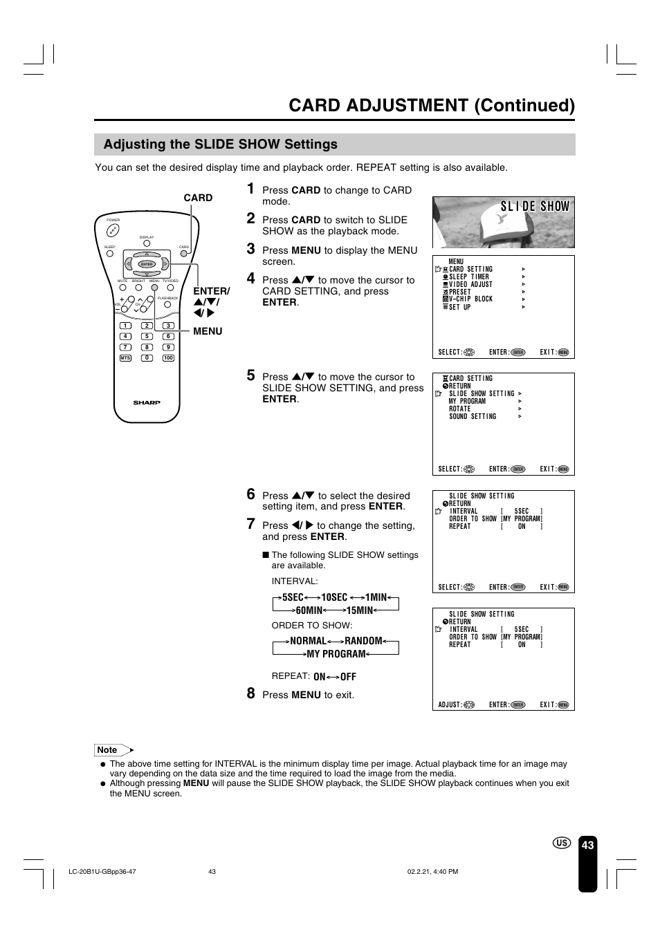 Card adjustment (continued), Adjusting the slide show settings, S l i de show | Sharp Aquos LC 20B1U User Manual | Page 44 / 59