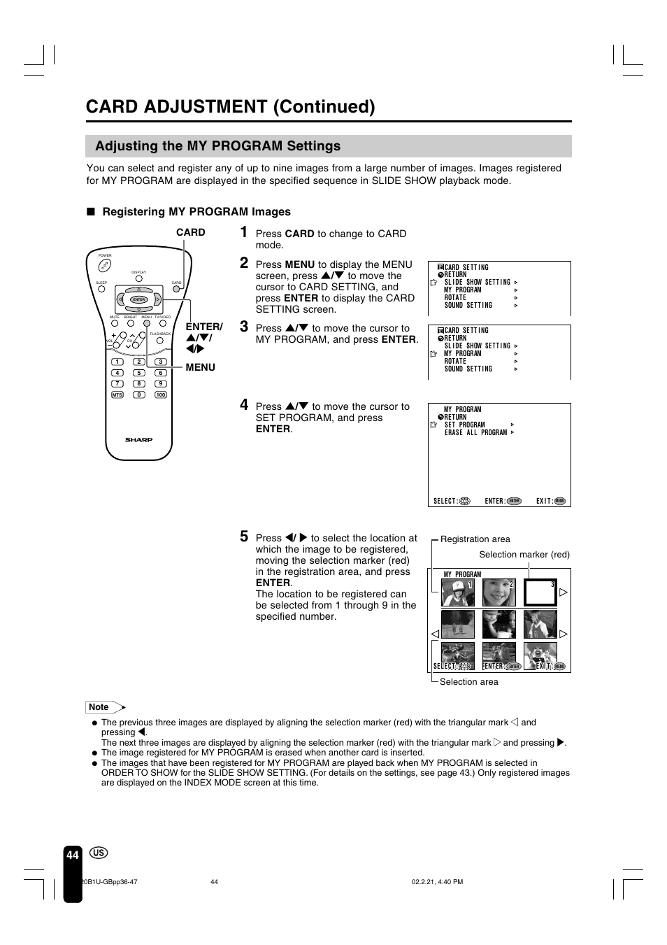Card adjustment (continued), Adjusting the my program settings, Registering my program images | Press card to change to card mode, Enter/ ] / [ / < / > card menu | Sharp Aquos LC 20B1U User Manual | Page 45 / 59