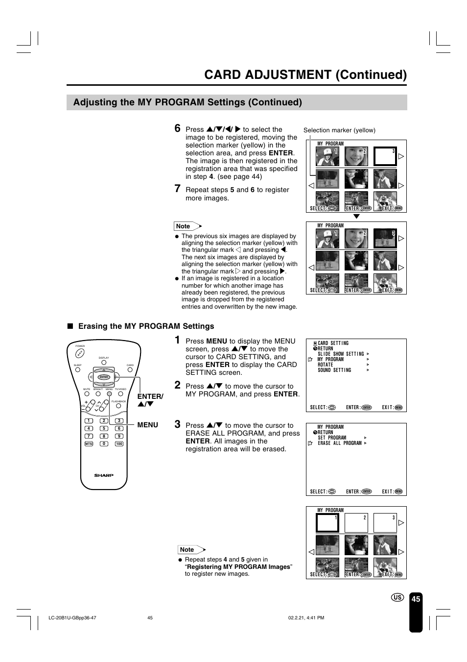 Card adjustment (continued), Adjusting the my program settings (continued), Erasing the my program settings | Repeat steps 5 and 6 to register more images, Enter/ ] / [ menu | Sharp Aquos LC 20B1U User Manual | Page 46 / 59