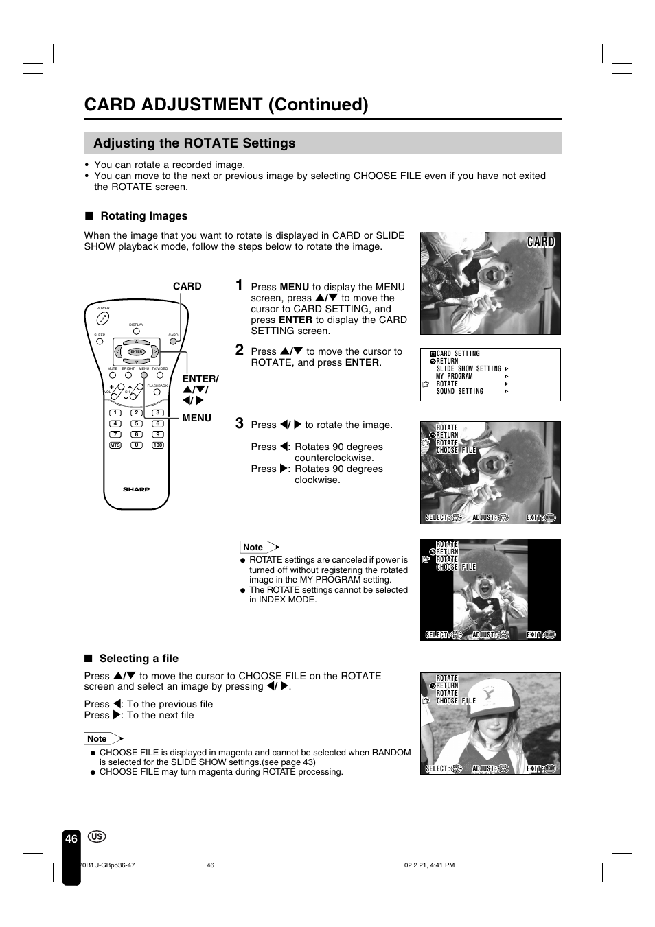 Card adjustment (continued), Adjusting the rotate settings, C a rd | Rotating images, Selecting a file, Enter/ ] / [ / < / > card menu | Sharp Aquos LC 20B1U User Manual | Page 47 / 59