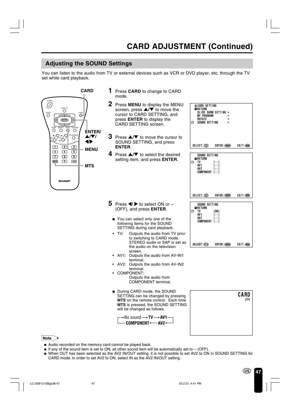 Card adjustment (continued), Adjusting the sound settings, C a rd | Sharp Aquos LC 20B1U User Manual | Page 48 / 59