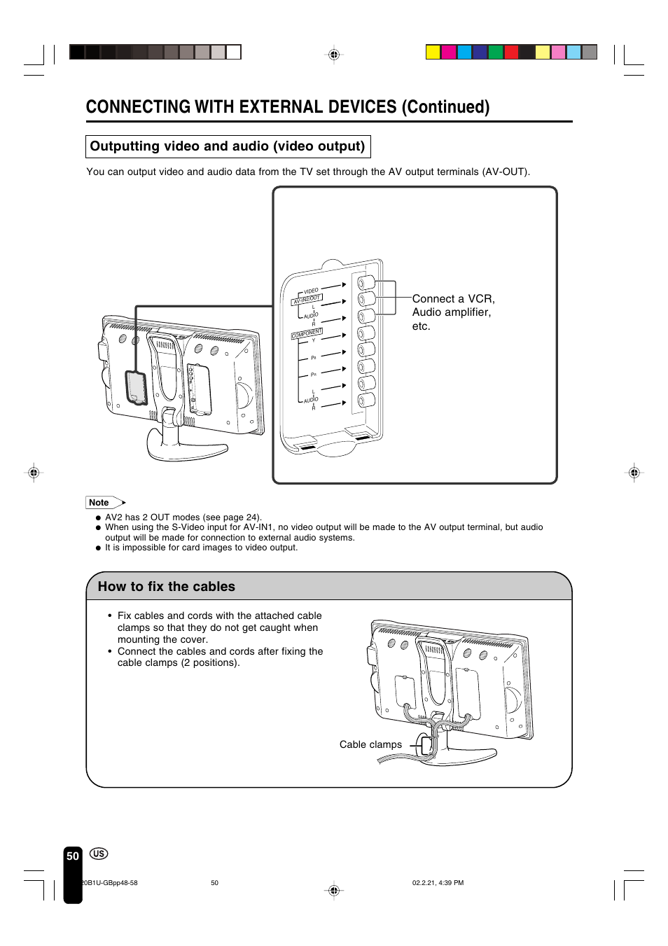 Connecting with external devices (continued), Outputting video and audio (video output), How to fix the cables | Connect a vcr, audio amplifier, etc | Sharp Aquos LC 20B1U User Manual | Page 51 / 59