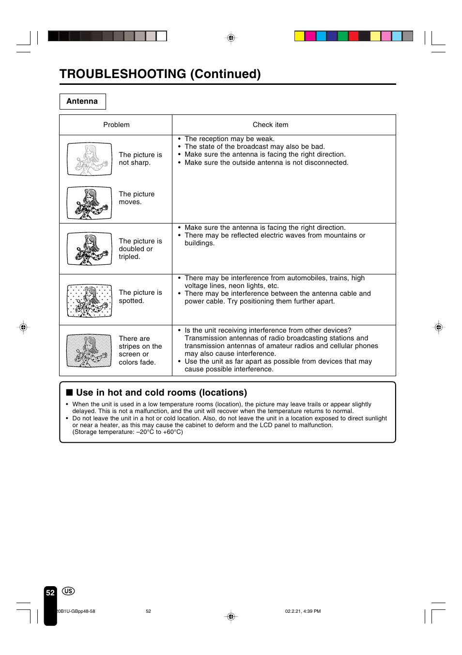 Troubleshooting (continued), Use in hot and cold rooms (locations) | Sharp Aquos LC 20B1U User Manual | Page 53 / 59