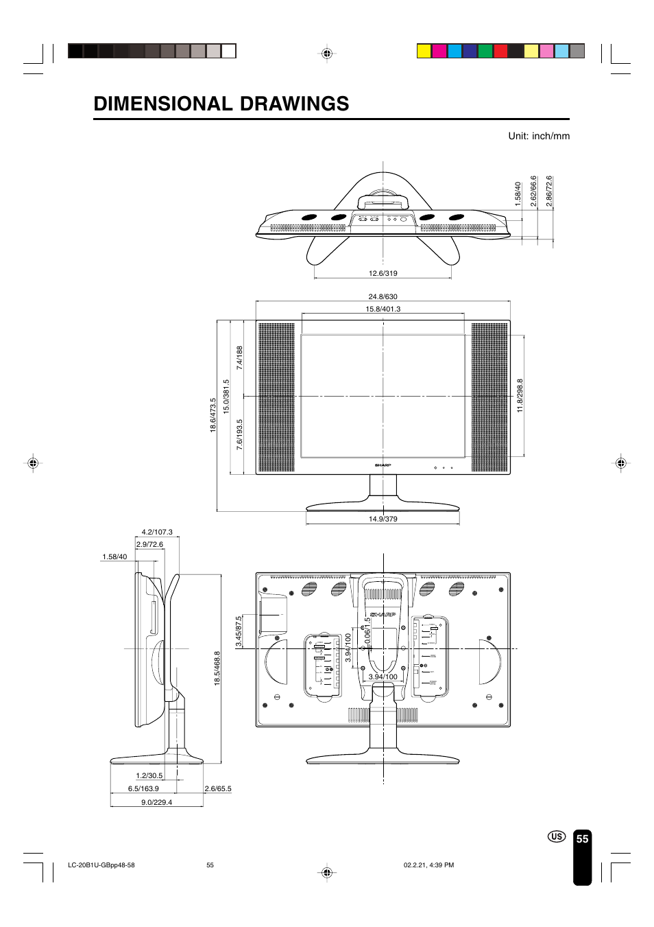 Dimensional drawings, Unit: inch/mm | Sharp Aquos LC 20B1U User Manual | Page 56 / 59