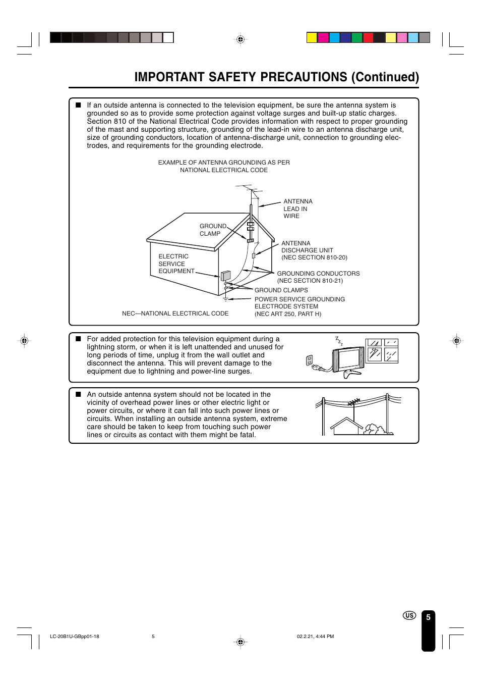 Important safety precautions (continued) | Sharp Aquos LC 20B1U User Manual | Page 6 / 59