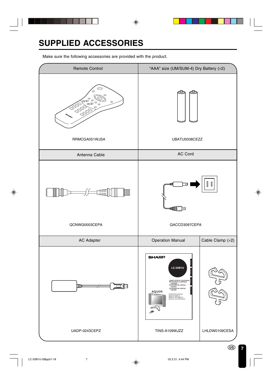 Supplied accessories, Cable clamp ( ×2), Me nu | Operation manual | Sharp Aquos LC 20B1U User Manual | Page 8 / 59