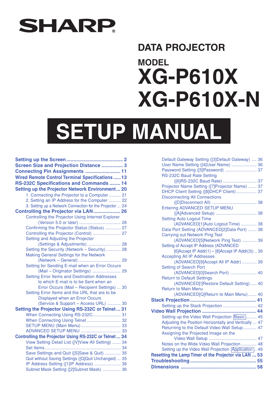 Sharp XG-P610X User Manual | 59 pages