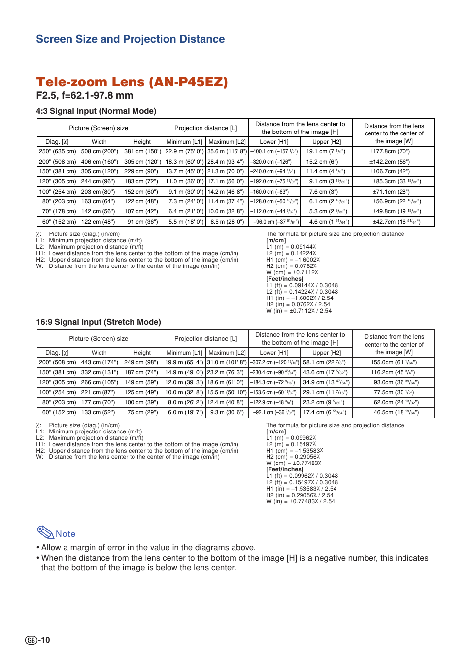 Tele-zoom lens (an-p45ez), Screen size and projection distance, 9 signal input (stretch mode) | Sharp XG-P610X User Manual | Page 10 / 59
