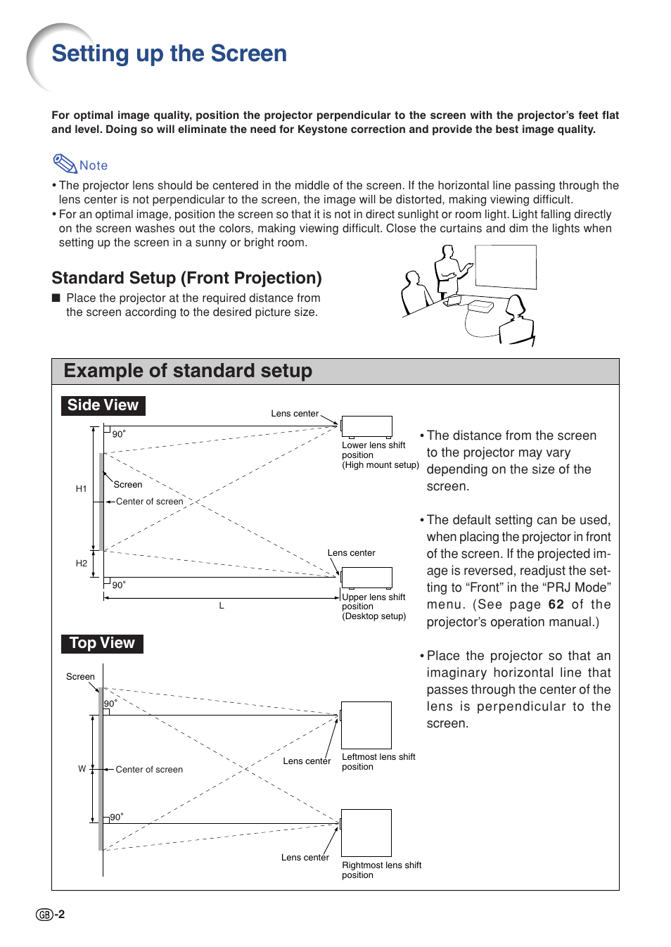 Setting up the screen, Example of standard setup, Standard setup (front projection) | Side view top view | Sharp XG-P610X User Manual | Page 2 / 59