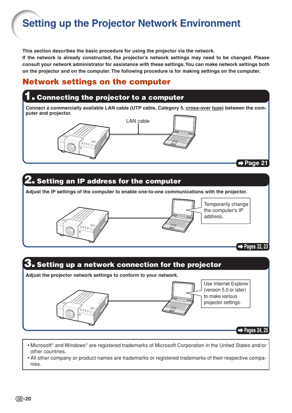 Setting up the projector network environment, Network settings on the computer | Sharp XG-P610X User Manual | Page 20 / 59