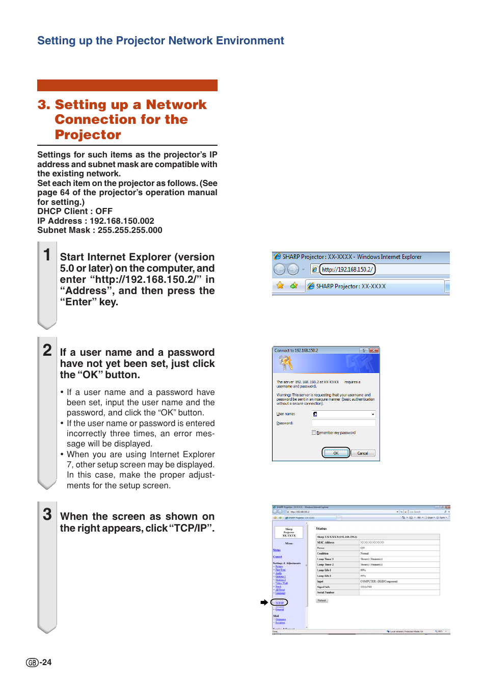 Setting up a network connection for the projector | Sharp XG-P610X User Manual | Page 24 / 59
