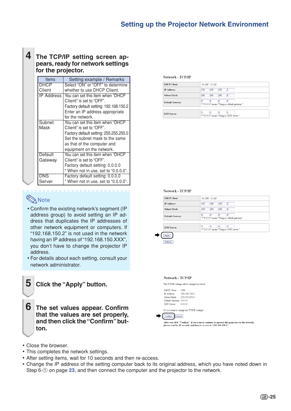 Setting up the projector network environment | Sharp XG-P610X User Manual | Page 25 / 59