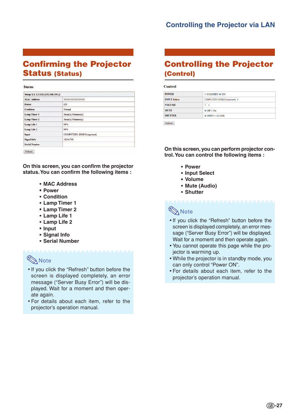 Confirming the projector status, Controlling the projector, Controlling the projector via lan | Status), Control) | Sharp XG-P610X User Manual | Page 27 / 59