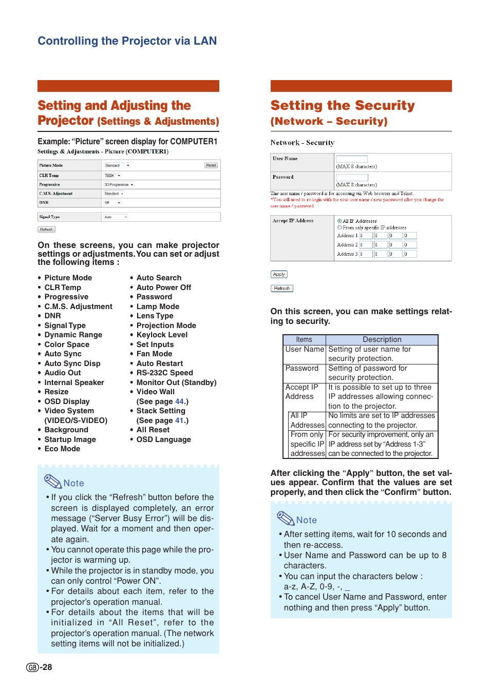 Setting and adjusting the projector, Setting the security, Controlling the projector via lan | Settings & adjustments), Network – security) | Sharp XG-P610X User Manual | Page 28 / 59